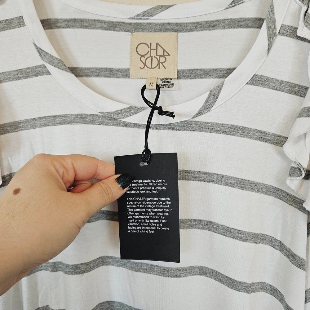 Chaser Striped White Gray Long Sleeve Cold Shoulder Top Women's Medium Casual - Picture 7 of 7